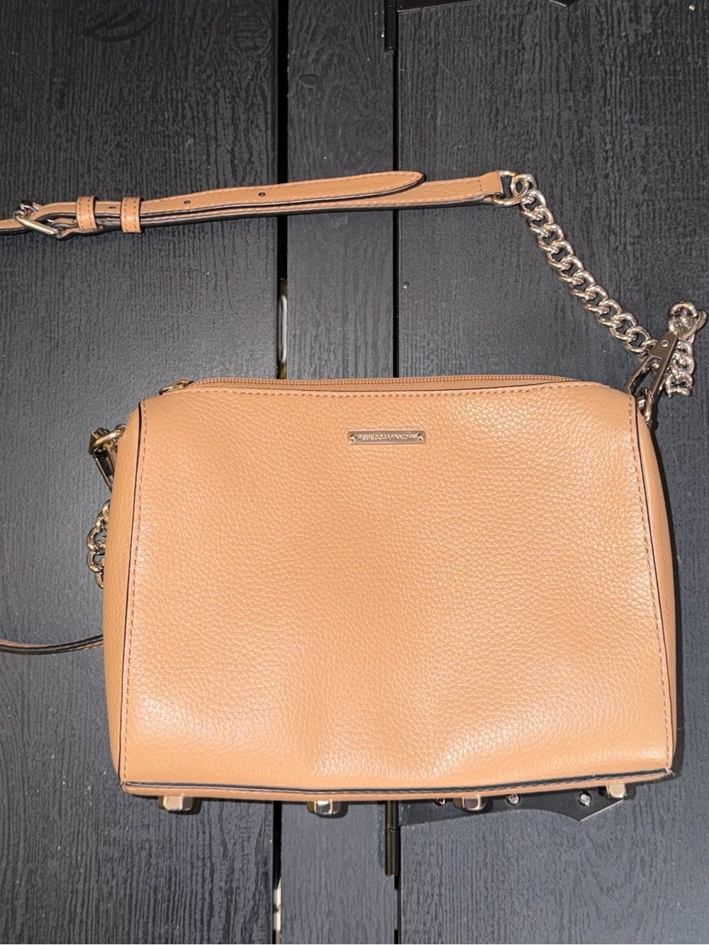 Rebecca Minkoff Tan Pebbled Crossbody — Zip — Silver — Pockets